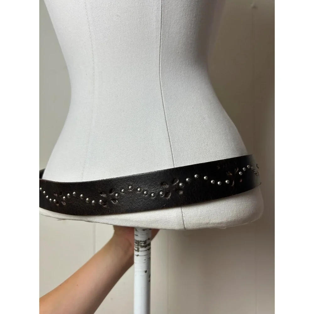 Vintage Brown Italian Leather Studded Floral Belt L Boho Festival Y2K Western